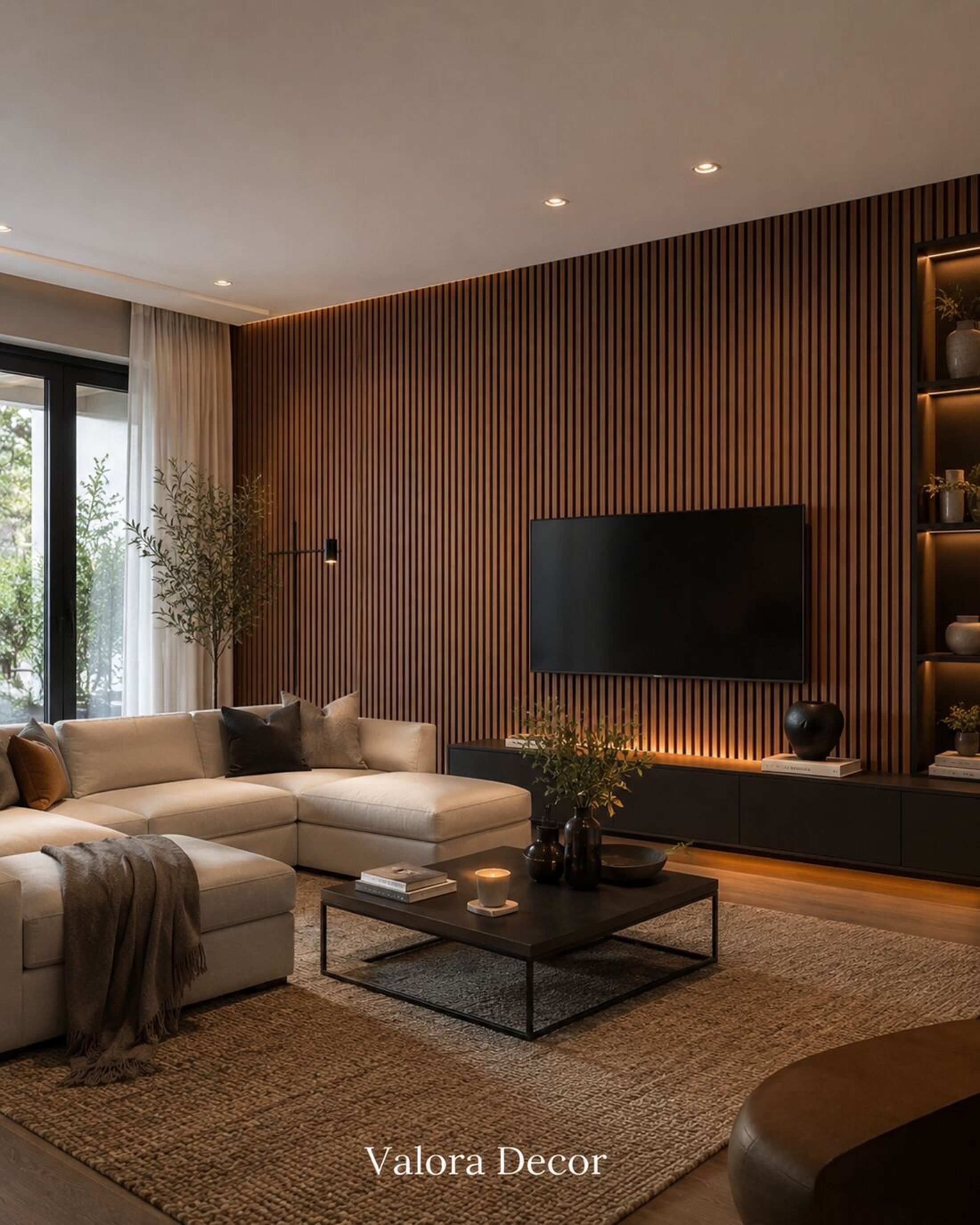 Walnut acoustic wood slat wall panels installed floor to ceiling in a modern Atlanta living room