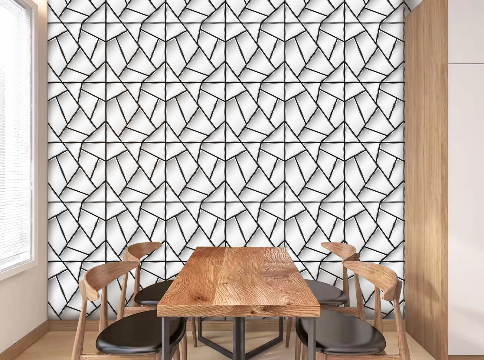 Silver geometric mirror wall panels on a dining room feature wall